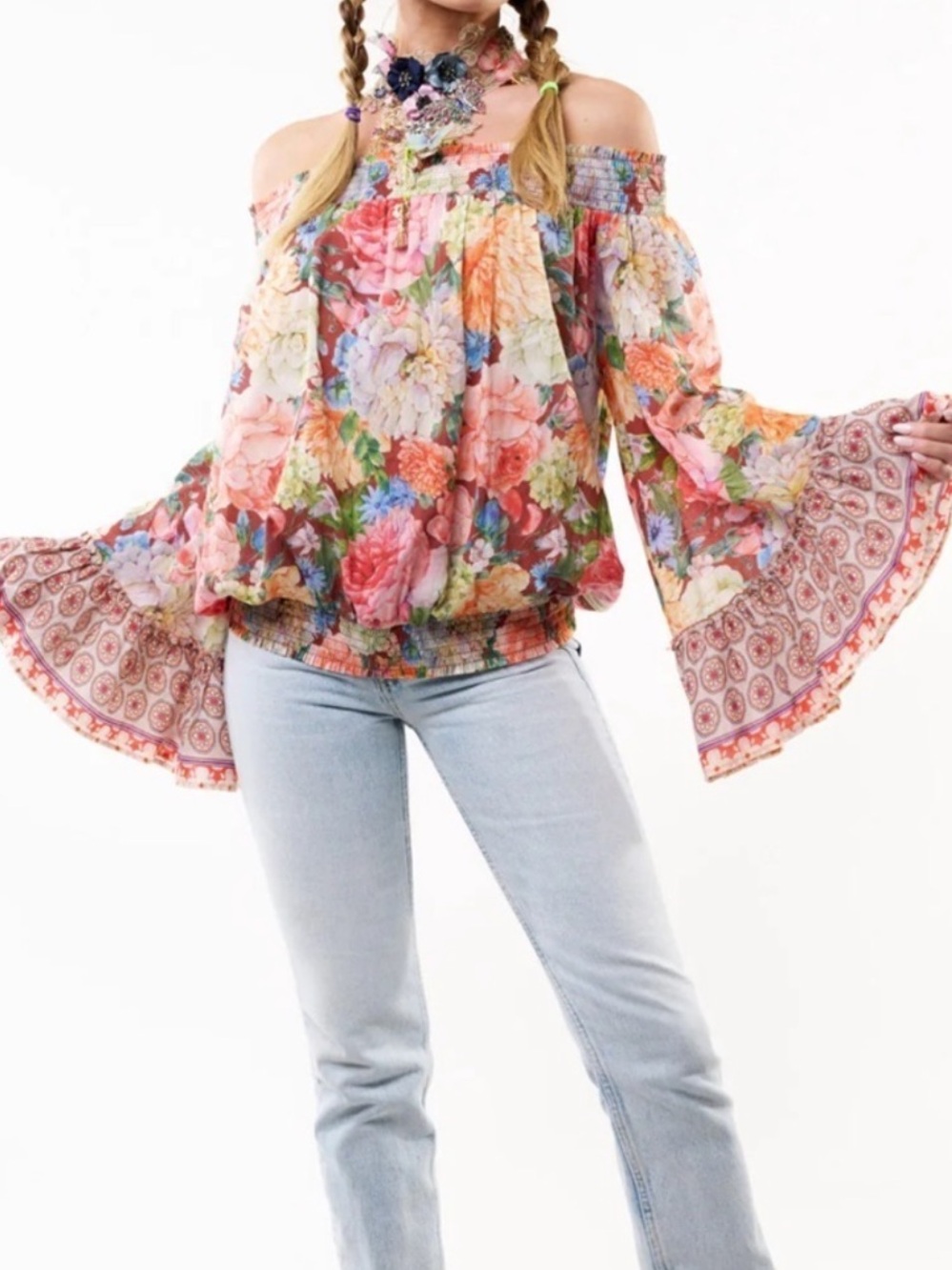 Aratta Silent Journey Dreams Floral Boho Off-The-Shoulder Bell Sleeve Top size M
